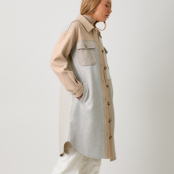"The Elaine" Ivory/Latte Color Block Long Shacket - Picture 4 of 6